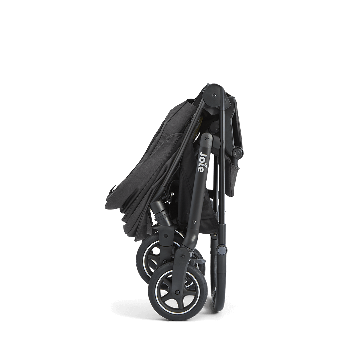 Vista frontal do carrinho de bebé Joie versadrift preto, com assento voltado para os pais e porta-copos acoplado no guiador.