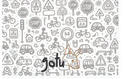 Fundo cinza-claro com um padrão de ícones relacionados com mobilidade infantil, incluindo bicicletas, sinais de trânsito e capacetes. O logótipo "Gotu" está centralizado, destacando a identidade visual da marca.