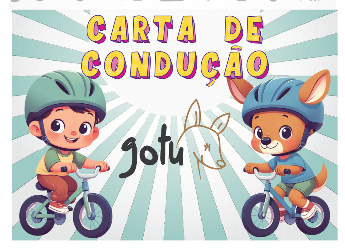 Ilustração colorida de uma Carta de Condução Infantil Gotu, com um menino e um cão humanizado, ambos a andar de bicicleta, equipados com capacetes. O fundo tem um design dinâmico em tons de azul e branco, com o título "CARTA DE CONDUÇÃO" em letras grandes e vibrantes. O logótipo "Gotu" está ao centro, com um desenho de uma raposa minimalista.