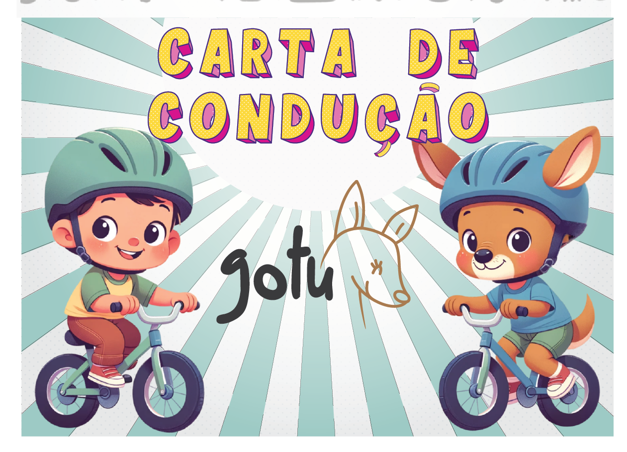 Ilustração colorida de uma Carta de Condução Infantil Gotu, com um menino e um cão humanizado, ambos a andar de bicicleta, equipados com capacetes. O fundo tem um design dinâmico em tons de azul e branco, com o título "CARTA DE CONDUÇÃO" em letras grandes e vibrantes. O logótipo "Gotu" está ao centro, com um desenho de uma raposa minimalista.