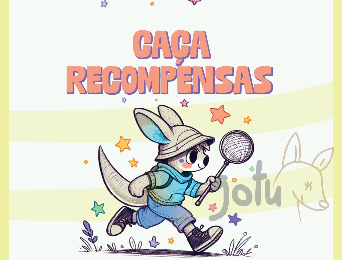 "Capa do Cartão de Objetivos e Recompensas infantil. Design colorido com personagem coelho aventureiro, estrelas e título ‘Caça Recompensas’ em destaque."

