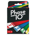 Caixa do jogo de cartas Phase 10, preta com o título em destaque e amostras de cartas coloridas numeradas.