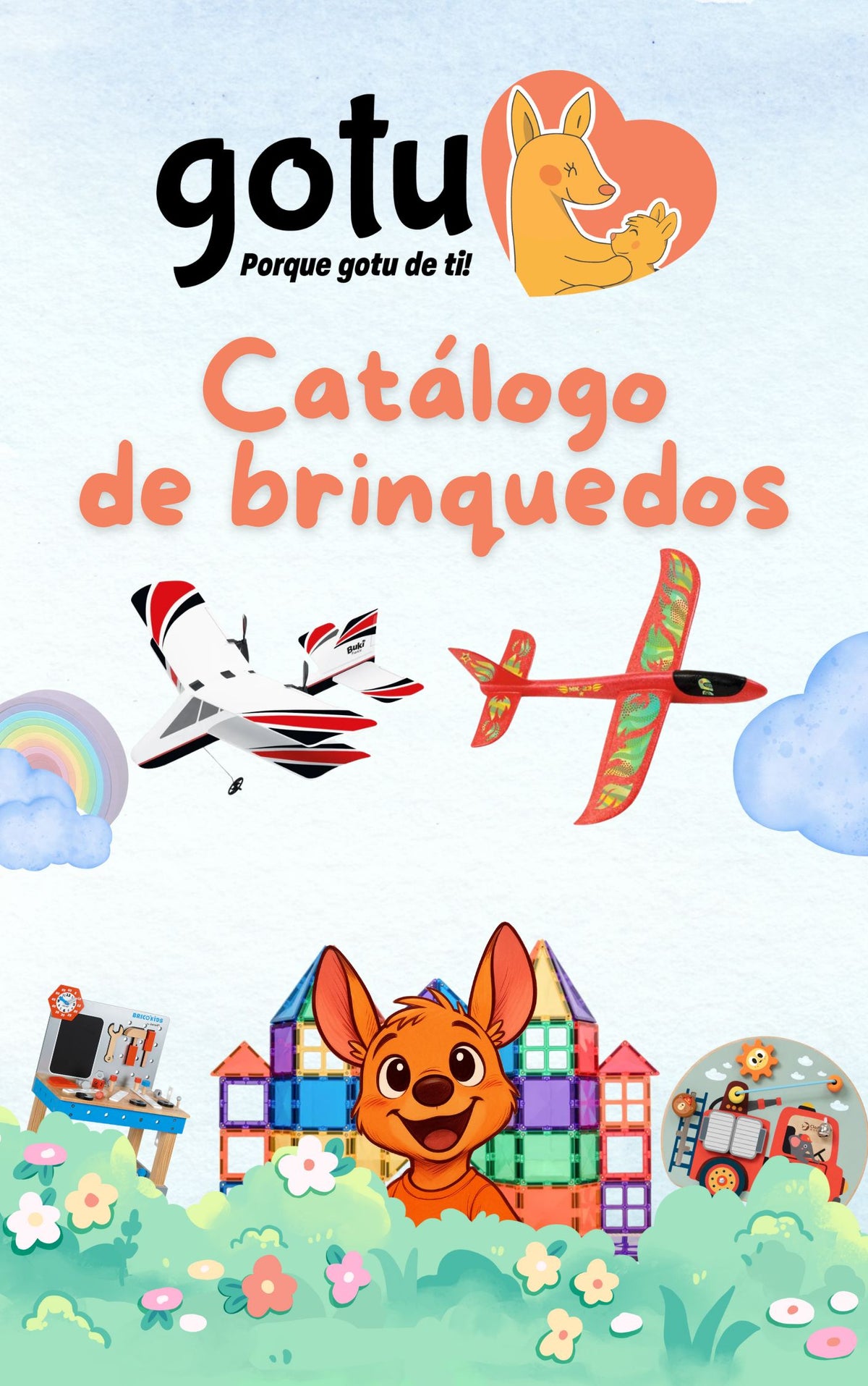 Capa do Catálogo de Brinquedos gotu.pt! (ebook) com logotipo Gotu, título e ilustrações de vários brinquedos.