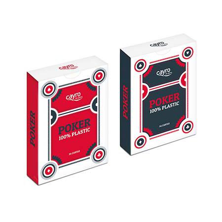 Embalagens de cartas de poker Cayro 100% plástico, com design clássico em vermelho e azul, ideais para jogos duradouros.