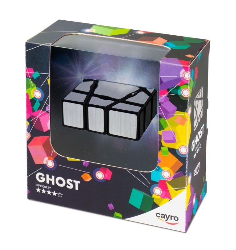 Cubo de Rubik Ghost da Cayro na embalagem original, mostrando o design complexo e a classificação de dificuldade.