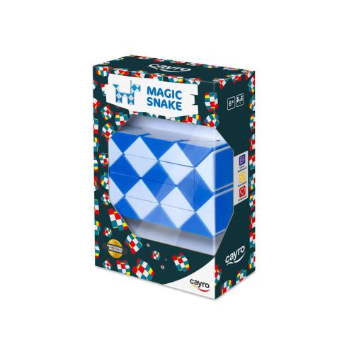 Embalagem do Cayro Cubo de Rubik Magic Snake, com o brinquedo visível através de uma abertura na caixa.