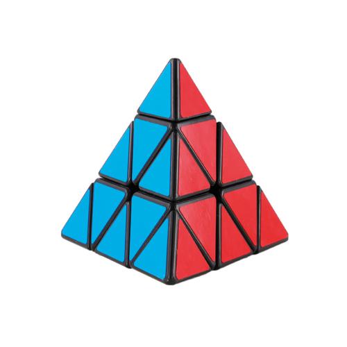 Cayro Cubo de Rubik Pirâmide parcialmente resolvido, mostrando as cores azul e vermelho em diferentes faces.