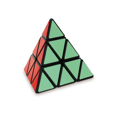 Imagem detalhada do Cayro Cubo de Rubik Pirâmide resolvido, mostrando as cores verde e vermelho.