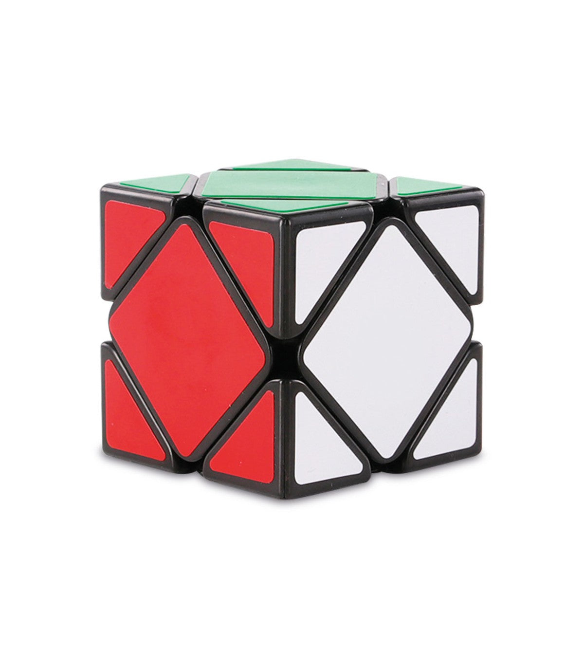 Imagem detalhada do Cayro Cubo Shewb, um cubo de Rubik com faces coloridas em vermelho, branco, verde e preto.