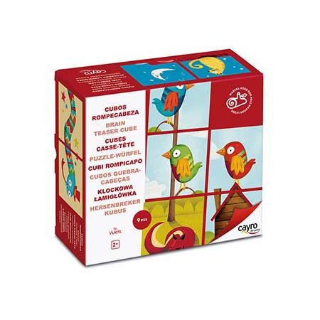 Caixa dos Cayro Cubos de Quebra-Cabeças com ilustrações de pássaros coloridos em diferentes painéis.