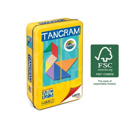 Jogo Tangram de madeira Cayro com sete pecas geometricas e caixa de metal
