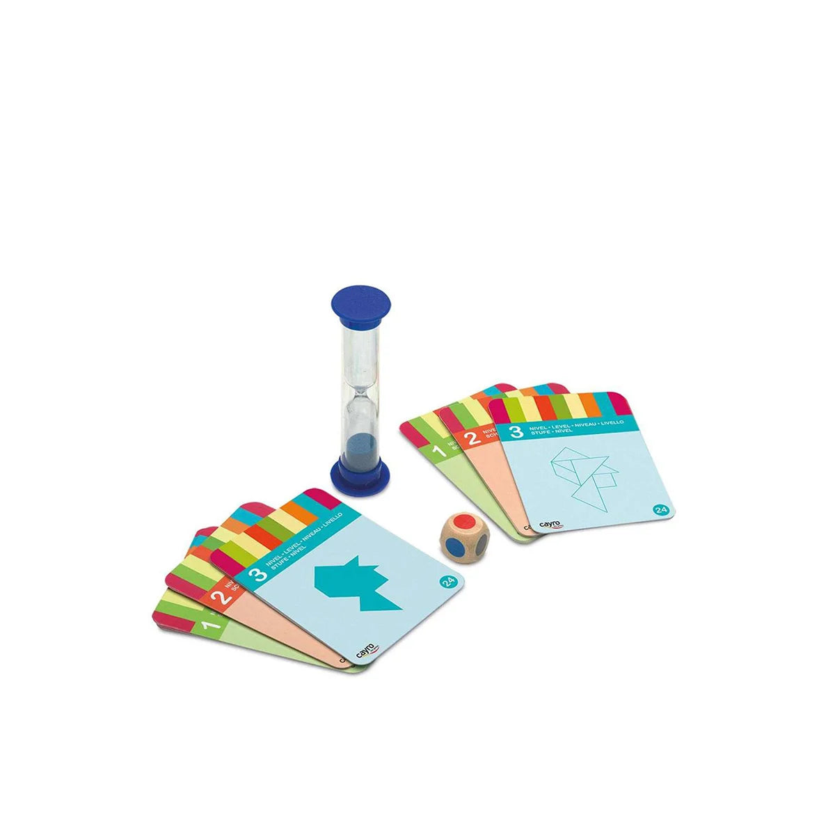 Ampulheta, dado e cartas com diferentes níveis de dificuldade para o jogo Cayro Conjunto de 4 Tangrams em Madeira.