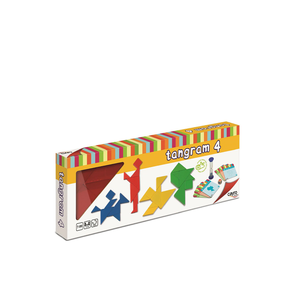 Caixa do jogo Cayro Conjunto de 4 Tangrams em Madeira, mostrando os 4 tangrams coloridos e as cartas com desafios.
