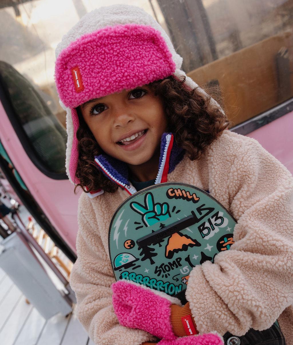 Chapka enfant blanca e rosa efeito moumoute Hello Hossy Cozy Gwen