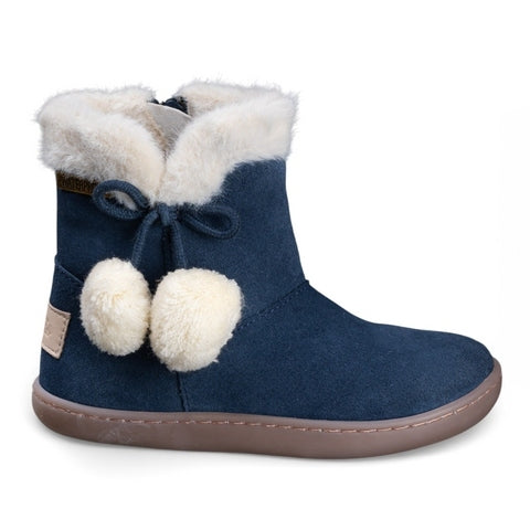 Botas barefoot infantis Chetto em azul com pormenor de pompom macio
