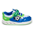 Sapatilhas barefoot Chetto azuis com tema de futebol e luzes integradas na sola