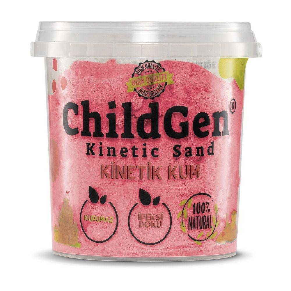 Pote de areia cinética rosa ChildGen, destacando a textura e embalagem com selos de qualidade e ingredientes naturais.