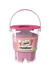 Imagem de estúdio do balde de Areia Cinética ChildGen cor-de-rosa, mostrando a embalagem completa com pega.