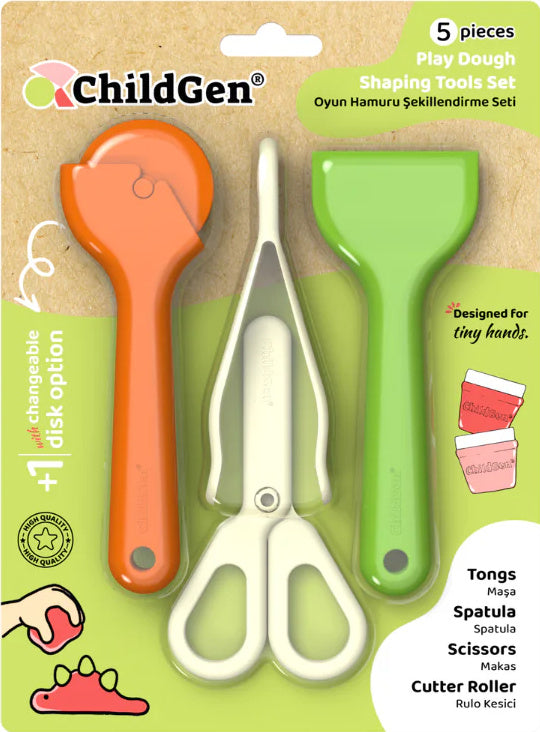 Embalagem de 5 peças de ferramentas ChildGen para plasticina, incluindo rolo de corte laranja, tesoura branca e verde, pinça e espátula verde.