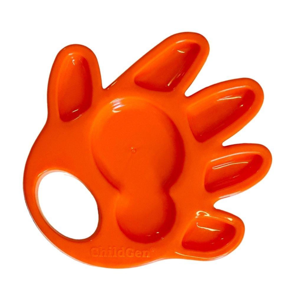 Paleta de pintura a dedo ChildGen em formato de mão, cor laranja vibrante, ideal para atividades artísticas infantis.