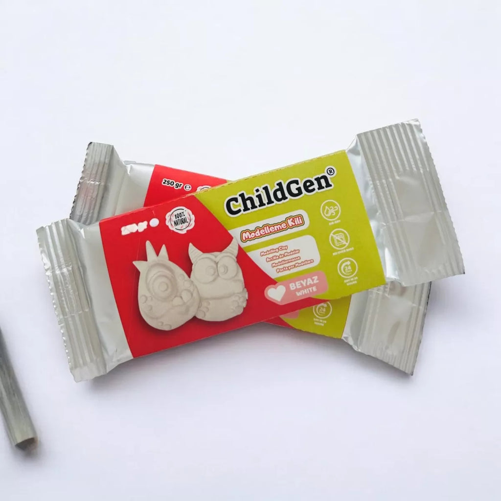 Embalagem de 250gr da ChildGen Pasta de modelar, argila branca auto-endurecível, pronta a usar.