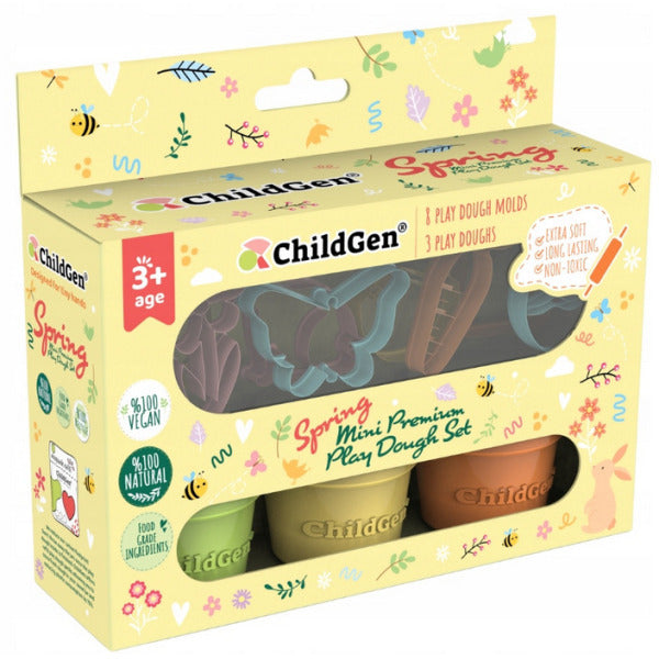 Caixa do conjunto de plasticina natural ChildGen "Spring" com três potes de massa e cortadores com motivos de primavera.