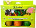 Embalagem de conjunto de plasticina ChildGen Play Dough, verde e com janela, mostrando três potes de plasticina colorida e cortadores de formas no interior.