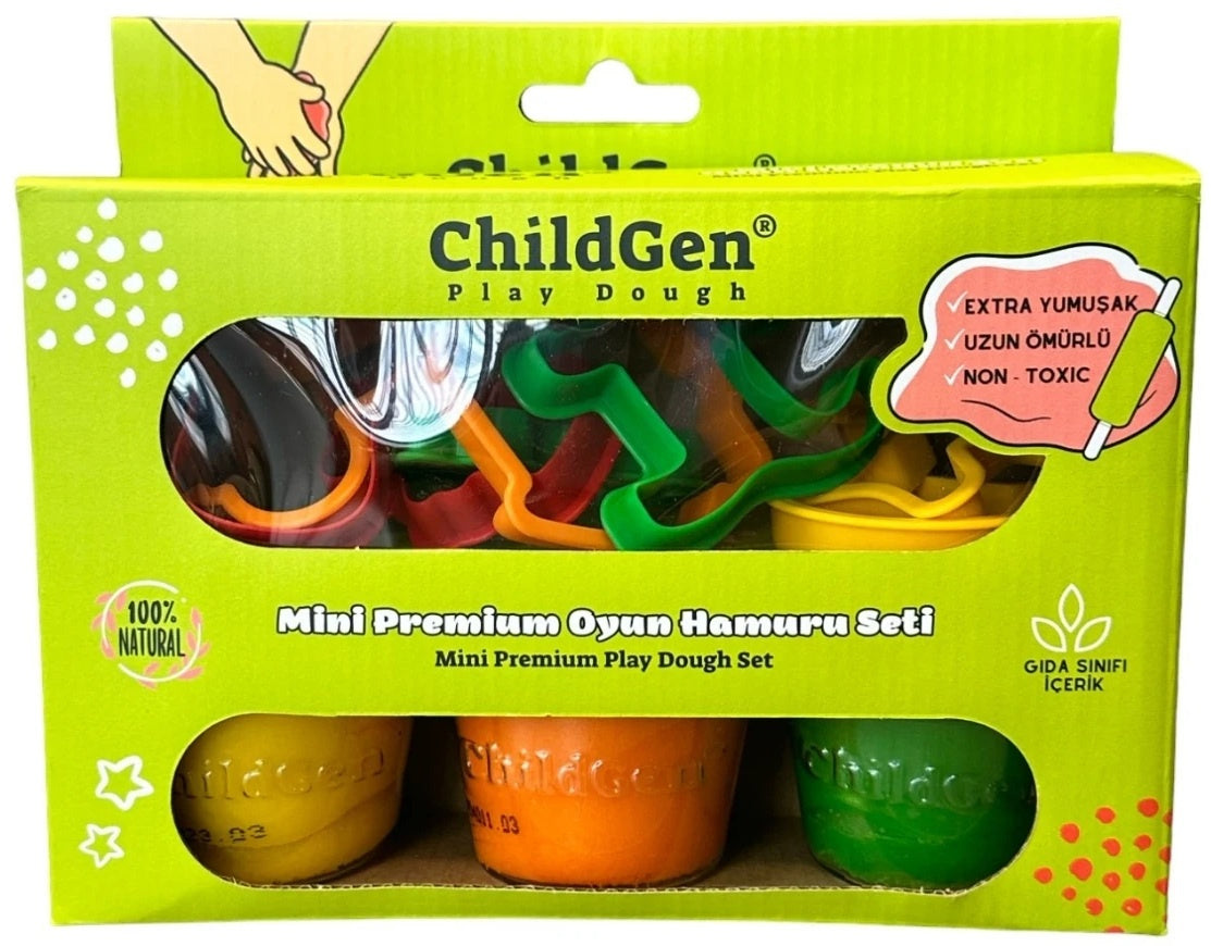Embalagem de conjunto de plasticina ChildGen Play Dough, verde e com janela, mostrando três potes de plasticina colorida e cortadores de formas no interior.