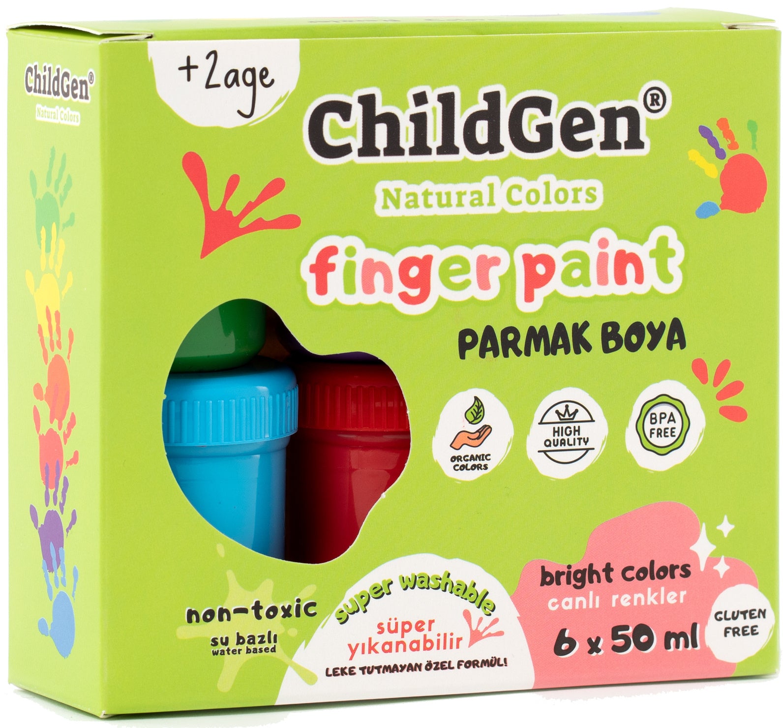 Caixa de tintas ChildGen Natural Colors Finger Paint, verde, com indicação de +2 anos, não tóxica, super lavável e 6x 50 ml.