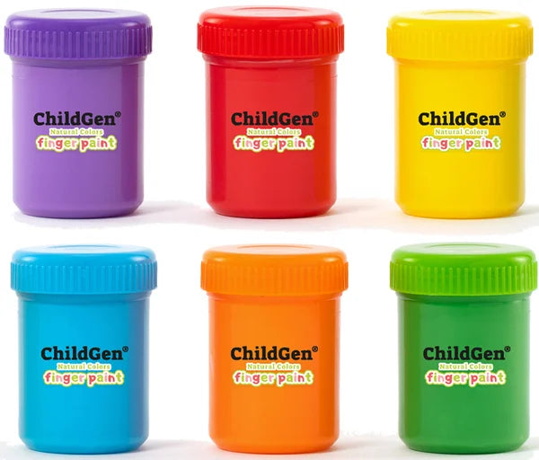 Seis potes de tinta ChildGen com tampa de rosca em cores distintas: roxo, vermelho, amarelo, azul, laranja e verde, em fundo branco.