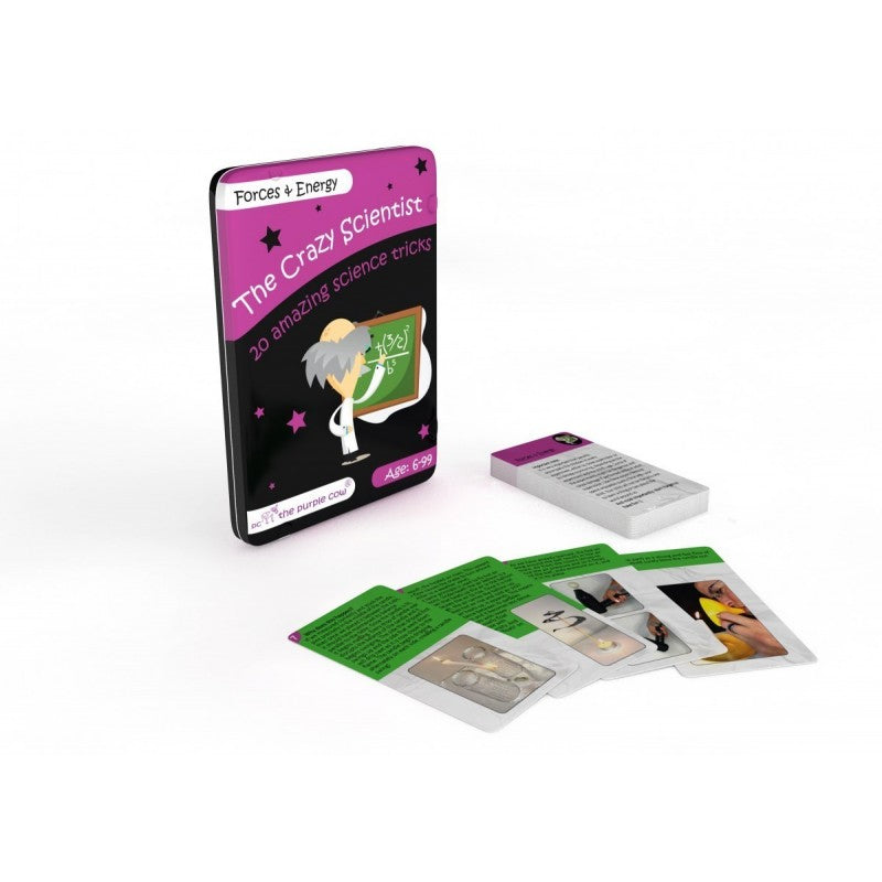 Detalhe das cartas do jogo "O Cientista Maluco", mostrando imagens e instruções de algumas das experiências científicas incluídas.