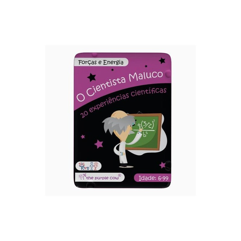 Caixa do jogo "O Cientista Maluco - Forças e Energias" da Purple Cow, mostrando um cientista de desenho animado e a descrição "20 experiências científicas".
