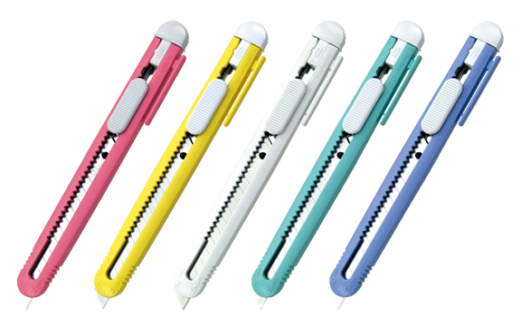 Conjunto de cinco X-actos NT de 9mm em cores sortidas (rosa, amarelo, branco, turquesa e azul) dispostos em leque sobre fundo claro.