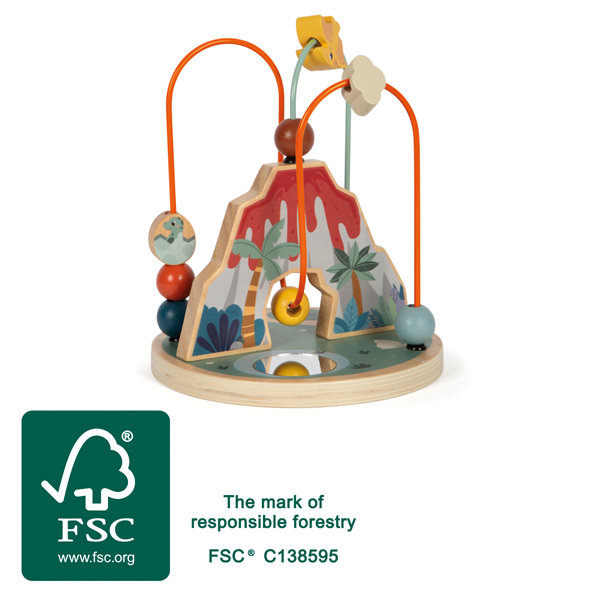 Circuito Dino small foot com certificação FSC, destacando a madeira sustentável e a responsabilidade ambiental.