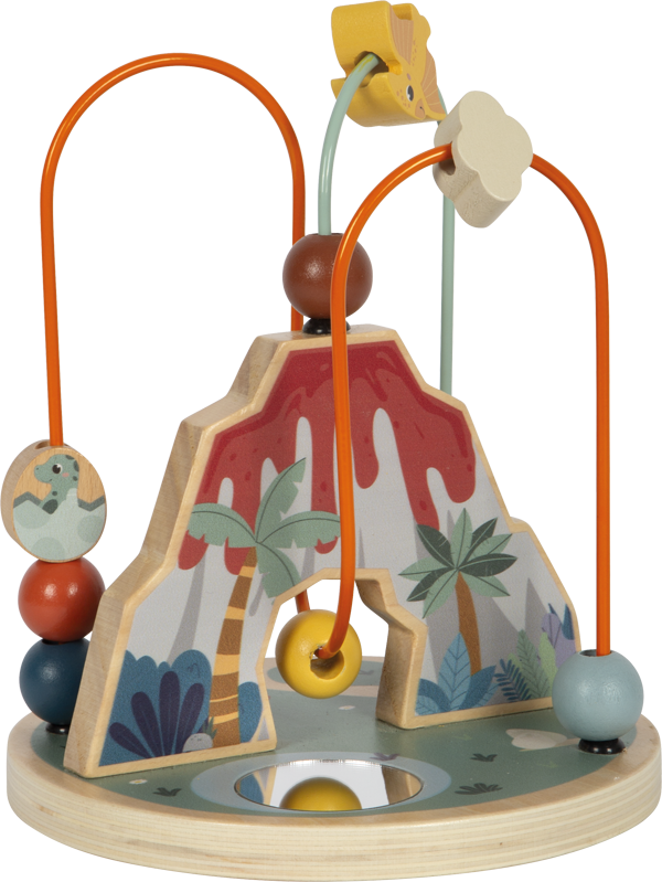 Circuito Dino da small foot em madeira, com vulcão, dinossauros e peças coloridas para deslizar. Brinquedo educativo para desenvolvimento de habilidades motoras.