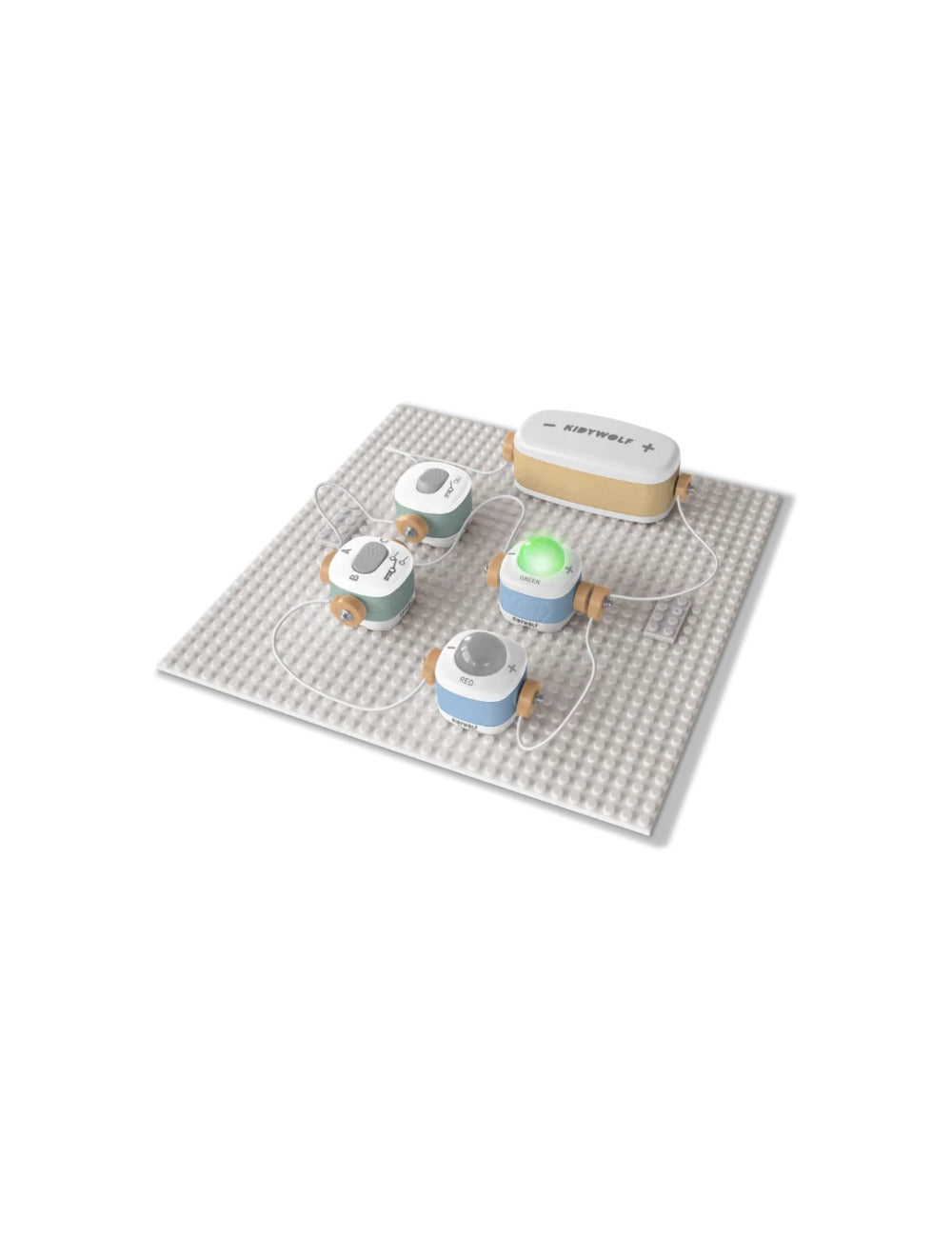 Exemplo de circuito elétrico montado com o kit KIDYELEC, mostrando a fonte de alimentação e um LED aceso.
