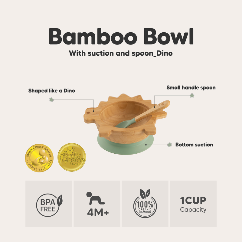 Conjunto Citron de bambu em forma de dinossauro com ventosa e colher, destacando prémios e características (4M+, BPA Free).