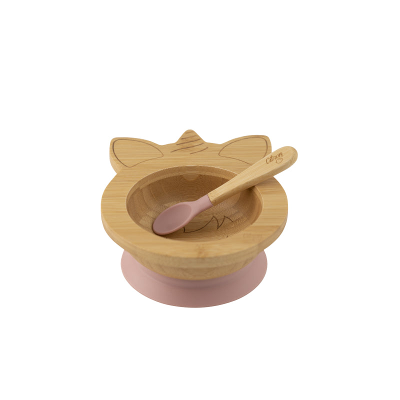 Conjunto de alimentação Citron: tigela de bambu com ventosa rosa e colher de silicone, vista frontal isolada.
