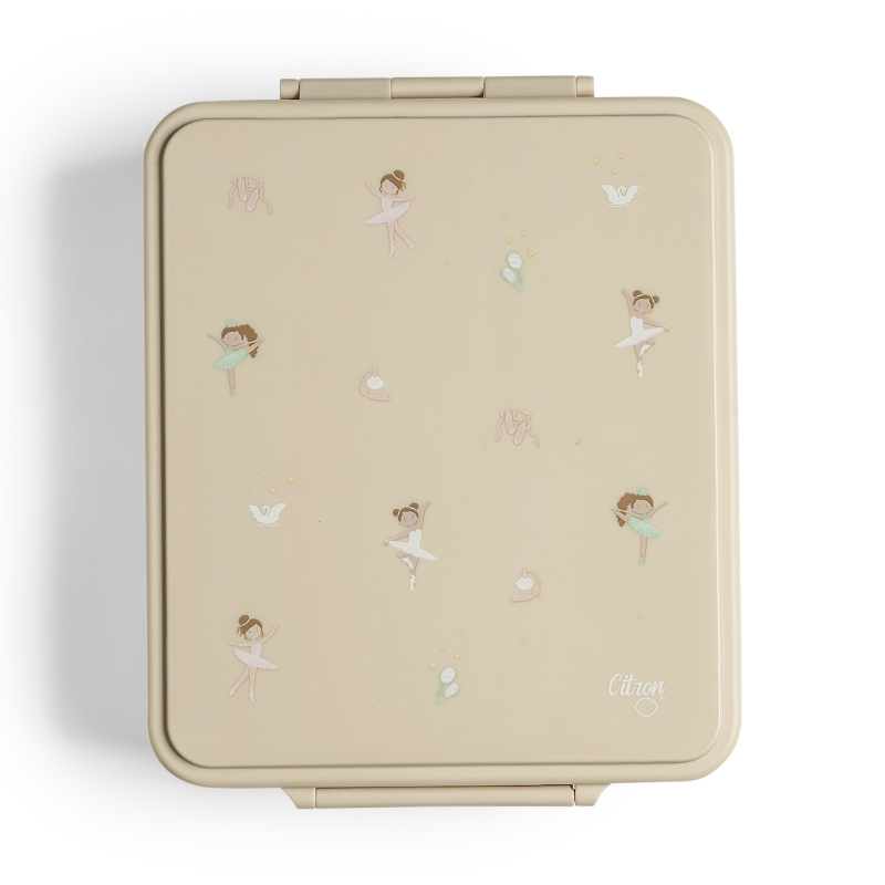 Citron Lancheira com compartimentos e termos Bailarina, vista superior fechada, design creme com bailarinas.