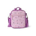 Lancheira e mochila térmica infantil Citron com padrão de unicórnio em tons pastel, pousada sobre uma mesa.