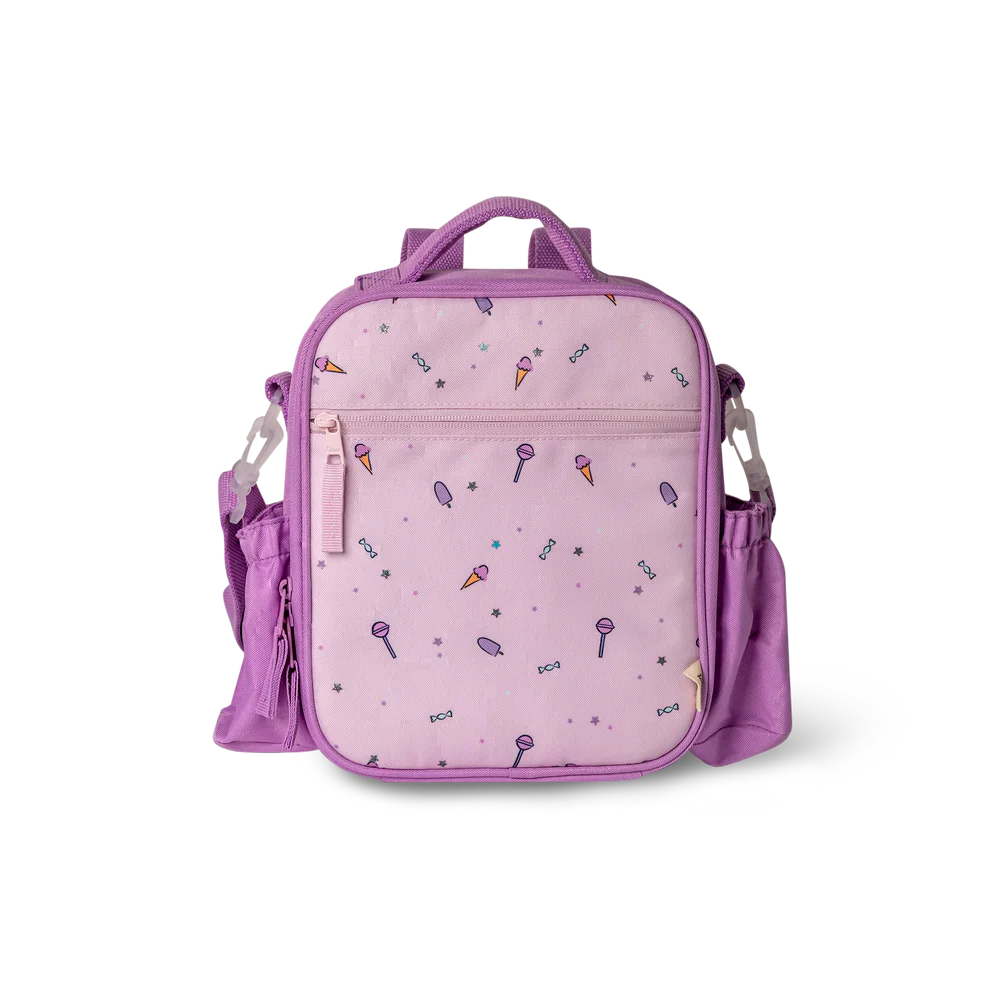 Lancheira e mochila térmica infantil Citron com padrão de unicórnio em tons pastel, pousada sobre uma mesa.