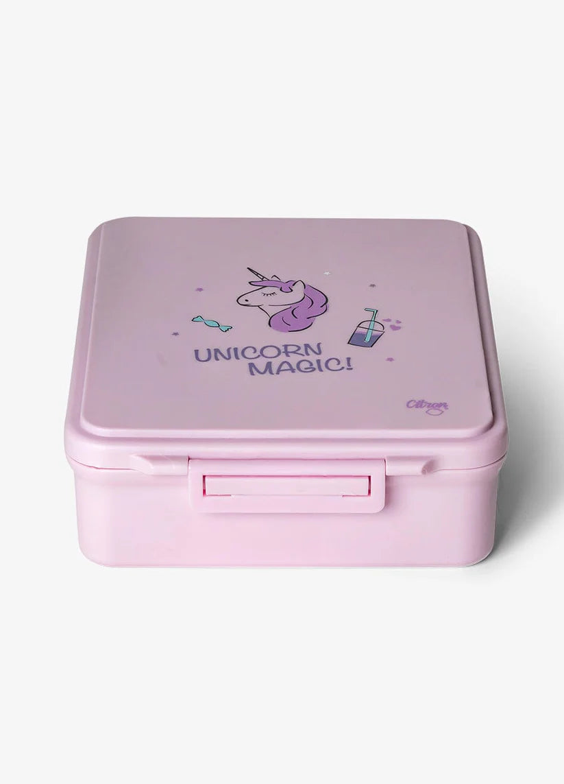 Lancheira Citron Unicórnio fechada, cor rosa/lilás, com fecho seguro e ilustração de unicórnio e texto "Unicorn Magic!".