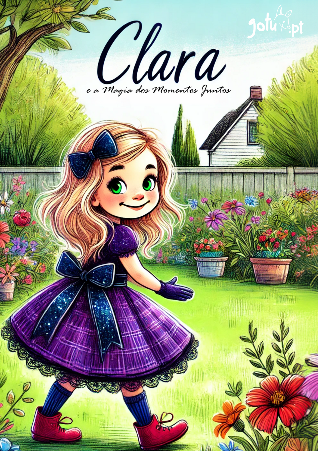 Ilustração encantadora da Clara, protagonista do ebook, num jardim florido, vestindo um vestido roxo e sapatos vermelhos.
