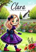 Ilustração encantadora da Clara, protagonista do ebook, num jardim florido, vestindo um vestido roxo e sapatos vermelhos.