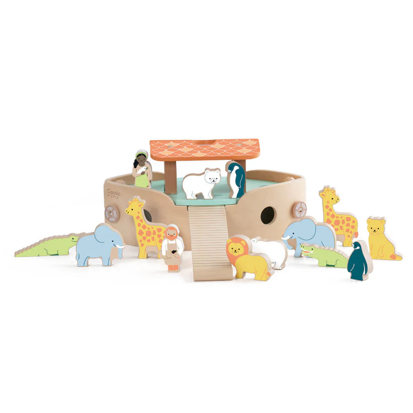 Visão geral da Arca de Noé Classic World com Noé e os animais, um brinquedo educativo e divertido para crianças.