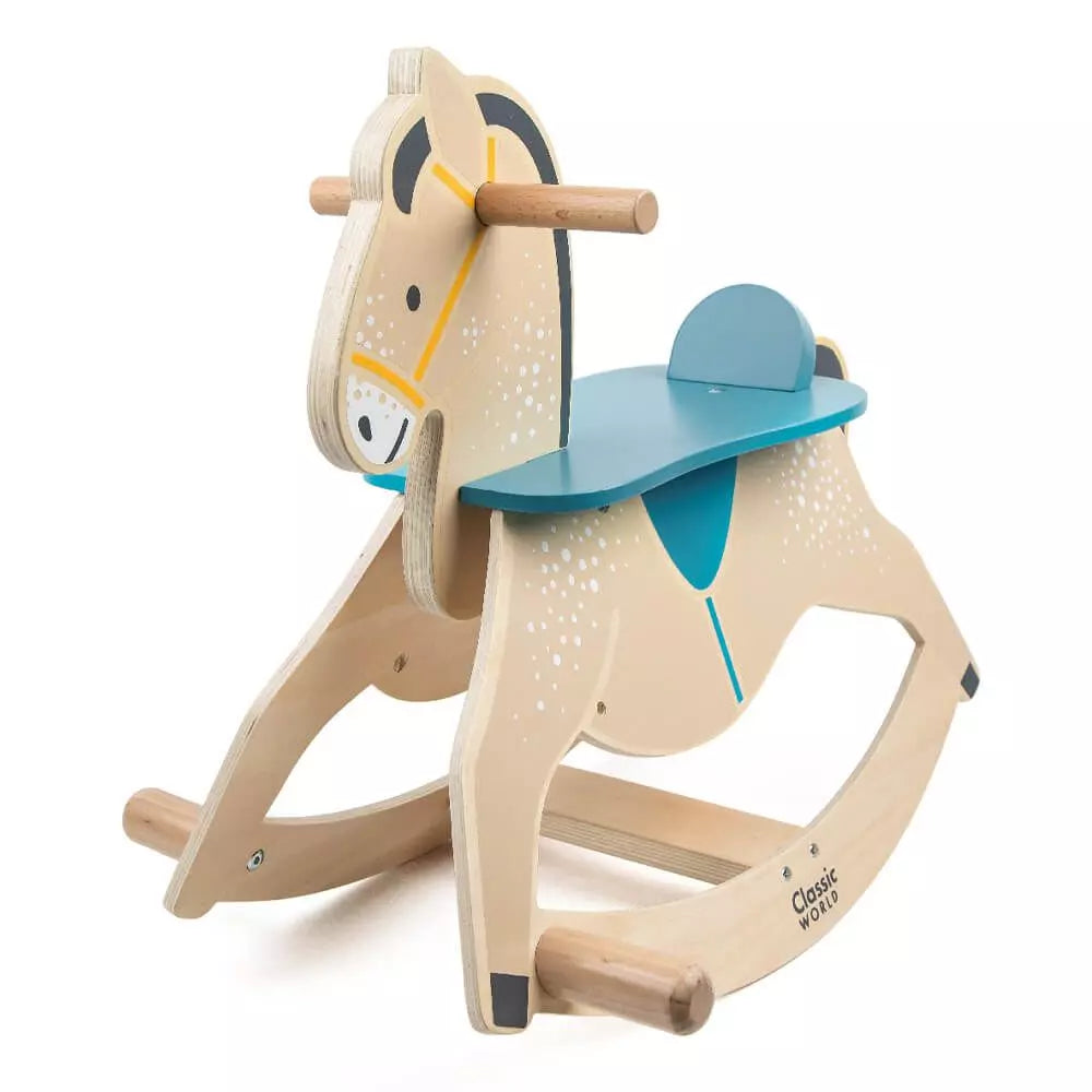 Cavalinho de balanço Classic World em madeira azul, brinquedo infantil para equilíbrio e coordenação.