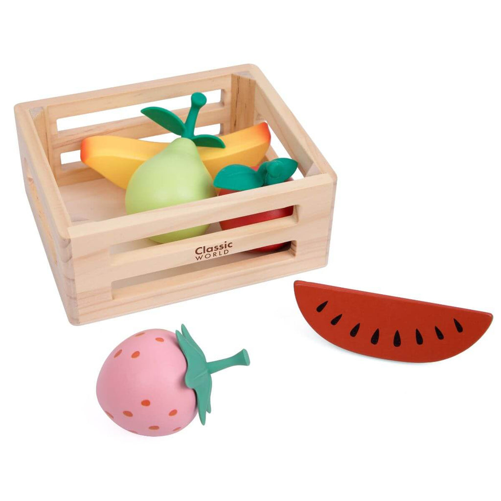 Cesto de fruta em madeira Classic World com frutas de brincar para criancas