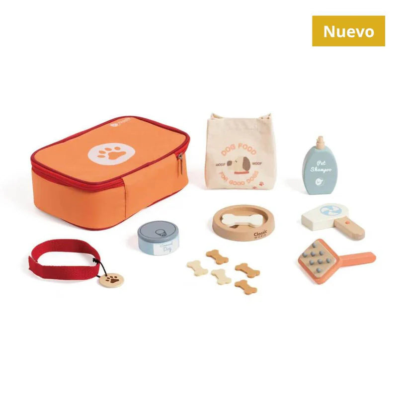 Conjunto completo de cuidador de animais Classic World, incluindo mala de transporte, comida, acessórios de grooming e coleira.