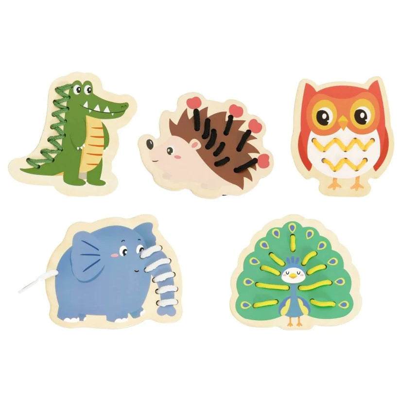Classic World Conjunto de figuras para enlaçar Animais: crocodilo, ouriço, coruja, elefante e pavão de madeira.