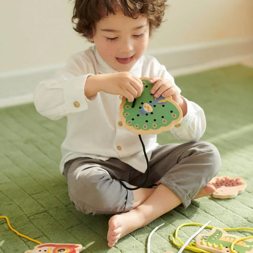 Menino a usar o brinquedo educativo Classic World Conjunto de figuras para enlaçar Animais. Divertido e educativo.